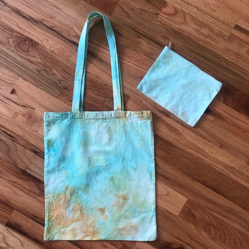 Hand Dyed Tote Bag Zip Top Tote Makeup Ice Dye Summer Fun Set Travel Tie Dye